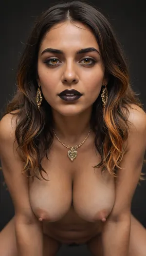 goth, (indian bhabhi:1.7), naked milf, (orange eyes), very long wavy hair, black highlighted hair, orange highlights, tattoos, ((black lipstick)), mischievous, one eyebrow raised, hijab, thick nipples, interested face, cowgirl straddling, (leaning forward:1.4), medium tits, (black background:1.2), front view, close up, tanned