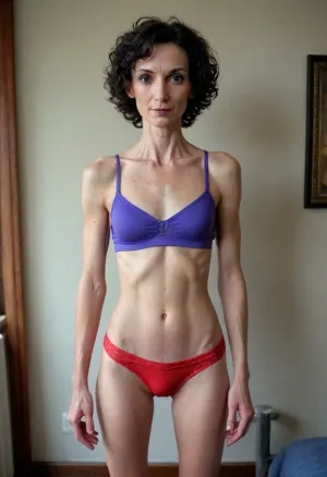 Hyper realistic, ((((skinny)))), sexy, (((slender))), (((fit))), (((naughty))), brunette short curly black hair, small breast, (((mature))), (((50 years old))), Shorts, violet bra, red and blue bruises across hips and on thighs, scratches