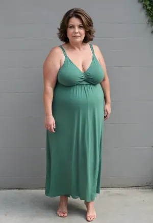 45° sideview, Full body shot, 50 year old woman, layered haircut, green eyes, green thin maxidress, obese, chubby, wide hips, curvy, small floppy breasts, sagging breasts, deflated breasts, tan lines, brown hair, upturned nose, SaggySlimXL, bottomheavy, big, ass, huge, gigantic, thick, thighs, massive, <lora:updated_saggy_slim:1>, <lora:clothed_small:.5>, <lora:bottomheavy_v1_sdxl_tags:.8>