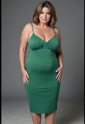 Full body shot, 50 year old woman, layered haircut, green eyes, tight thin v-neck spaghetti strap green dress, fupa, cameltoe, obese, chubby, big hips, wide hips, curvy, small floppy breasts, sagging breasts, deflated breasts, tan lines, light brown hair with highlights, upturned nose, SaggySlimXL, bottomheavy, big, ass, huge, gigantic, thick, thighs, massive, <lora:updated_saggy_slim:1>, <lora:clothed_small:.5>, <lora:bottomheavy_v1_sdxl_tags:.8>
