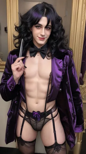 sissy boy, fag, trap gay, futa, crossdresser, goth, anime, non-binary, gay queer, (man crossdressed as girl), she-male, ladyboy, European, long curly hair, tranny, transsexual, hot black lingerie, hooker, standing foyer of opera house, hands on het waist, black velvet drapings, wearing slutty lingerie, purple garter belt, no panties, showing off his erect penis, hard on, erection, masculene jawline, blushing, smiling, holding his penis in his hand, jacking off, jerking cock, ejaculating, male masturbation