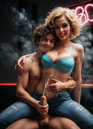 thick hair, messy hair, curly hair, hetero, (short hair), (blonde hair), (she is wearing fitted sexy jeans:1.2), (bimbo makeup), (wicked grin:.6), (large puffy lips:1.1), (sexy lipstick), (legs spreading), (milf:1.2), (pushup bra), (white basic bra:1.1), cleavage, seductive, (veiny penis:1), snub-nosed, wide jaw, (sharp face features:1.2), (sitting on man), (teasing:1.2), (erotic dancing:1.3), (grinding:1.4), cowgirl, (riding), freckles, girl on top, (gorgeous striper:1.2), (standing above), back is arched, (foreskin:1.2), neon lights, (steam in background:1.2), (low lighting:1.3), (posing:1.2), (touching penis by crotch:1.2), (grinding penis by crotch:1.2), (curvy), (side view:1.3), (ruined orgasm), (cumshot), (realistic cum on stomach), (naked belly button), (pressing penis to her stomach:1.2), (hugs), (hugging close:1.3), (holding penis), (handjob), (seduction:1.3), (seducting:1.3), (looking at viewer), (eye contact), (squeezing penis:1.4)