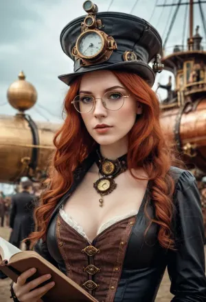 Sexy A girl inventor launches the first airship, steampunk glasses, steampunk Hat with brim, decolte, Full body, tall, perfect legs, some naked body, ((Hold engineering book in hands:1.1)), Breathtaking steampunk beautiful young woman, (steampunk goth wizardress), with long straight red hair, pale skin, (hazel eyes), long eyelashes, (punk-goth girl soft skin, freckles, defined cheek bones, high cheek bones, cheery), ((first airship steampunk city on background:1.2)), magic mist, digital painting, digital illustration, extreme detail, digital art, 4k, ultra hd, Anna Dittmann, greg rutkowski, alyssa monks, hyperrealism, trending on artstation, by Egon Schiele, gustave dore, david mann, vintage photography, beautiful, tumblr aesthetic, retro vintage style, hd photography, Hyper detailed by Magali Villeneuve, Clint Cearley and Ekaterina Burmak, high definition textures, meticulous details, maximalist, shaders, depth, high quality reflections Hyperdetailed Painting By Ismail_Inceoglu Tom Bagshaw Dan Witz CGSociety ZBrush Central Fantasy Art 4K, 1girl, sidelight, frontlight, cinematic_lighting, blush, nsfw, sweat, wet, rain, neiyi1, damimi, mystery of the dark space, dynamic, dramatic