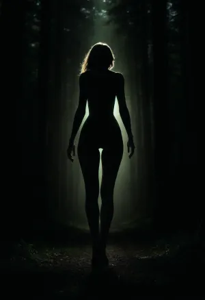 score_9_up, score_8_up, score_7_up, russian mature women, hourglass figure, thigh gap, realistic body proportions, perfect anatomy, good hands with perfect fingers, super detailed skin texture, long legs, in the dark forest, walking into the mysterious green bright light, green light in front of her, clear silhouette against green light, random pose, view from behind, view from below shoes, very dark focused flash photo of found footage, <lora:sdxl_darkflash_v6-000060:.8>, <lora:dark:.8>