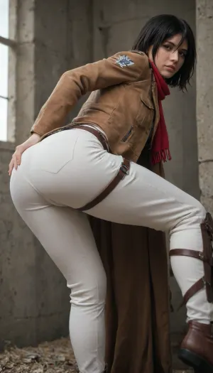 (Character), Mikasa Ackerman from Attack on Titan, (Costume), wearing her Survey Corps uniform, including a dark green cloak, brown leather jacket, white pants, and red scarf, (Physique), detail face, She has her black hair tied back, large bust, curvy physique, (Accessories), holding dual Omni-Directional Mobility Gear blades, (Background), simple plain wall, (Expression), bending forward in a sexy way, bending her upper body at right angle to her lower body, hands over her knees, lifting her ass up, (view), turning back, looking at the viewer, side straight view, butt view, (Image quality), 8k resolution, high definition, ultra high clarity.