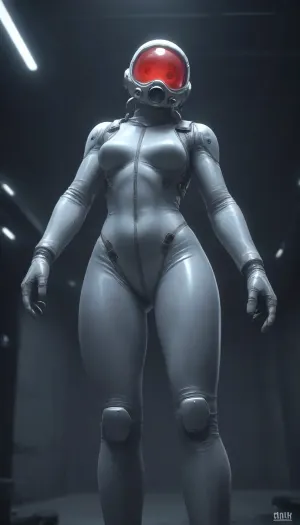 A female astronaut floating in zero gravity inside a high-tech, dimly lit space station corridor, viewed from behind at a diagonal low angle, her body gently rotating in the weightless environment, her slim figure outlined by the soft blue and red ambient lighting from various control panels and status screens, wearing a partially unzipped futuristic space suit made from glossy, form-fitting material with semi-rigid segments around her arms and legs, the upper part of her suit open and drifting slightly due to motion, revealing a tight inner undersuit clinging to her torso and hips, the undersuit designed with sleek thermal panels and iridescent textures, its cut accentuating the curves of her thighs, hips, and glutes, the material stretched taut across her rear as she floats with legs slightly bent and parted, one foot drifting near a wall while the rest of her body arches slightly as if caught mid-motion, her helmet detached and floating nearby, dark short hair fanning out around her head, small tools and data pads suspended around her, a holographic interface projected in front of her showing oxygen levels and external diagnostics, her posture naturally twisting as she reaches forward toward the interface, causing her spine and hip alignment to curve suggestively, subtle reflections from illuminated surfaces highlight her body’s shape through the thin, glossy material, realistic texturing on the suit with tiny wear marks and seams, interior design of the space station detailed with emergency markings, pipes, and blinking consoles, atmospheric particles and tiny debris drifting in the air, high-contrast cinematic lighting with cool-toned shadows and glowing edges, sci-fi art style resembling high-resolution promotional key art for a space exploration RPG or cinematic sci-fi film, extreme realism in rendering of material physics, body shape, environmental effects, the entire scene composed to subtly focus on the astronaut's lower body and back