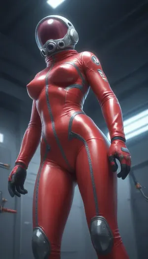 A female astronaut floating in zero gravity inside a high-tech, dimly lit space station corridor, viewed from behind at a diagonal low angle, her body gently rotating in the weightless environment, her slim figure outlined by the soft blue and red ambient lighting from various control panels and status screens, wearing a partially unzipped futuristic space suit made from glossy, form-fitting material with semi-rigid segments around her arms and legs, the upper part of her suit open and drifting slightly due to motion, revealing a tight inner undersuit clinging to her torso and hips, the undersuit designed with sleek thermal panels and iridescent textures, its cut accentuating the curves of her thighs, hips, and glutes, the material stretched taut across her rear as she floats with legs slightly bent and parted, one foot drifting near a wall while the rest of her body arches slightly as if caught mid-motion, her helmet detached and floating nearby, dark short hair fanning out around her head, small tools and data pads suspended around her, a holographic interface projected in front of her showing oxygen levels and external diagnostics, her posture naturally twisting as she reaches forward toward the interface, causing her spine and hip alignment to curve suggestively, subtle reflections from illuminated surfaces highlight her body’s shape through the thin, glossy material, realistic texturing on the suit with tiny wear marks and seams, interior design of the space station detailed with emergency markings, pipes, and blinking consoles, atmospheric particles and tiny debris drifting in the air, high-contrast cinematic lighting with cool-toned shadows and glowing edges, sci-fi art style resembling high-resolution promotional key art for a space exploration RPG or cinematic sci-fi film, extreme realism in rendering of material physics, body shape, environmental effects, the entire scene composed to subtly focus on the astronaut's lower body and back