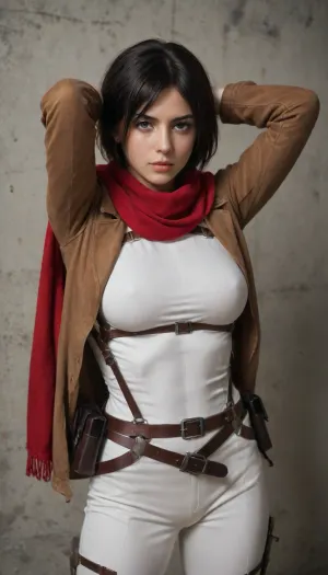 (Character), Mikasa Ackerman from Attack on Titan, (Costume), wearing her Survey Corps uniform, including a dark green cloak, brown leather jacket, white pants, and red scarf, (Physique), detail face, She has her black hair tied back, large bust, curvy physique, (Accessories), holding dual Omni-Directional Mobility Gear blades, (Background), simple plain wall, (Expression), standing straight in a sexy way, hands over her head, (view), front-straight view, (Image quality), 8k resolution, high definition, ultra high clarity.