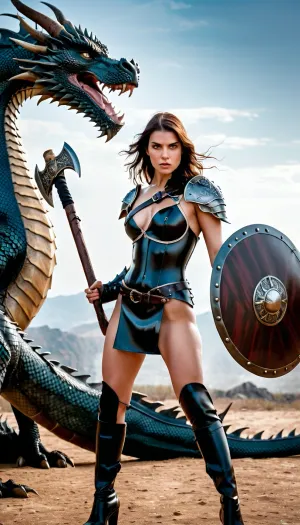 girl in revealing latex with an axe and a shield fighting a dragon., <lora:aka-000002:.8>, VALHERO, <lora:Heroes_of_Valhalla_SDXL:.8>, Unfazed, dragon, <lora:Unfazed_dragon_-_XL SDXL:.8>