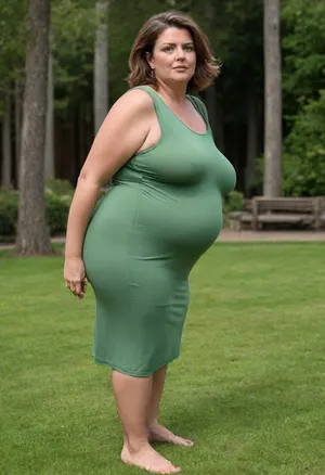 45° sideview, Full body shot, 50 year old woman, looking at viewer, eye contact, layered haircut, green eyes, green thin maxidress, obese, chubby, wide hips, curvy, small floppy breasts, sagging breasts, deflated breasts, tan lines, brown hair, upturned nose, SaggySlimXL, bottomheavy, big, ass, huge, gigantic, thick, thighs, massive, <lora:updated_saggy_slim:1>, <lora:clothed_small:.5>, <lora:bottomheavy_v1_sdxl_tags:.8>