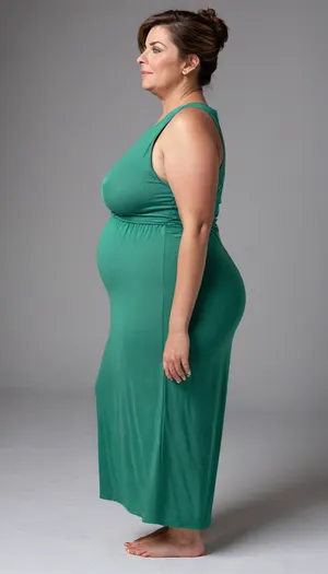 45° sideview, Full body shot, 50 year old woman, layered haircut, green eyes, green thin maxidress, obese, chubby, wide hips, curvy, small floppy breasts, sagging breasts, deflated breasts, tan lines, brown hair, upturned nose, SaggySlimXL, bottomheavy, big, ass, huge, gigantic, thick, thighs, massive, <lora:updated_saggy_slim:1>, <lora:clothed_small:.5>, <lora:bottomheavy_v1_sdxl_tags:.8>