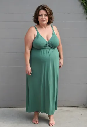 45° sideview, Full body shot, 50 year old woman, layered haircut, green eyes, green thin maxidress, obese, chubby, wide hips, curvy, small floppy breasts, sagging breasts, deflated breasts, tan lines, brown hair, upturned nose, SaggySlimXL, bottomheavy, big, ass, huge, gigantic, thick, thighs, massive, <lora:updated_saggy_slim:1>, <lora:clothed_small:.5>, <lora:bottomheavy_v1_sdxl_tags:.8>