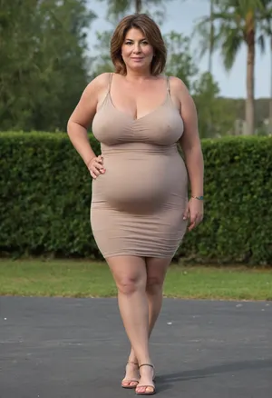 Full body shot, 50 year old woman, layered haircut, green eyes, tight thin v-neck spaghetti strap dress, fupa, cameltoe, obese, chubby, big hips, wide hips, curvy, small floppy breasts, sagging breasts, deflated breasts, tan lines, brown hair, upturned nose, SaggySlimXL, bottomheavy, big, ass, huge, gigantic, thick, thighs, massive, <lora:updated_saggy_slim:1>, <lora:clothed_small:.5>, <lora:bottomheavy_v1_sdxl_tags:.8>