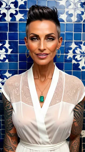 woman 48 years old, full frontal view, in front of blue and white azulejos tiles, face like brigitte hielsen, small retrousse tits, wide angle picture, cinematic, best quality, 8k, ashblonde hair, hair grease, greased back hair, wild pixie mohawk cut hair, warm smile, dark tanned skin, vamp, very fit body, very skinny, puristic sheer white linen summer kurta, short-cut hair, pixie-cut, buzz-cut, <lora:microwaistV05:.7>, <lora:age_slider_v20:1.9>, (ornamentalika tatoos, very broad and big expansive, jet-black tattoos in the blackwork-style of artist Mihail Boykov), DarTataBodG, <lora:DarTataBodG-XL_V2:1.7>, <lora:hair_length_slider_v1:.8>