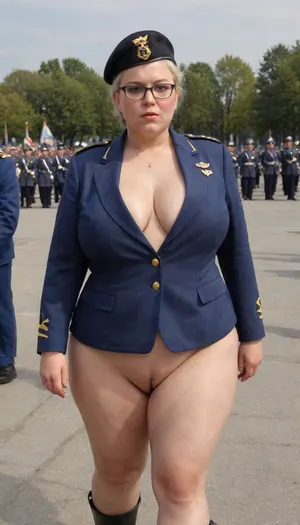 no skirt, no panties on a OBESE 61-year-old European woman, grandma with hidden shaggy tits and shaggy belly under buttoned BLACK Military parade suit. Shaved pussy is visible. Light grey blond hair, wrinkles. Dark lipstick on thin lips, BLACK makeup, glasses. Slut face. She is dressed only with, ((buttoned NAVY BLUE Military parade suit:1.5)), buttoned up on the tits, officer's peaked cap., ((NO skirt:1.5)), NO PANTIES. long boots, belt, ((shaved pussy visible:1.5)), full figure visible, outdoor, prisoners of war, realistic image, ultra HD, 8k, ((daylight)), HD, true colors, detailed portrait. No blur, ultra HD photorealistic full height 8k, <lora:356724_training_data:.8>, megachubsdxl, morbidly, obese, <lora:megachubsdxl_13:.6>, plump, skindentation, chubby, bbw, venus, body, big, ass, <lora:Chubby BBW - XL:.8>, <lora:milkers_v2:.8>