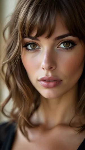 ziprealism, (romantic snapshot esthetic, adorable girlfriend, bashful eye contact, soft mischievous smirk), (f/2.8, shallow depth of field, layered composition, subtle foreground, tight face closeup, eyes closeup, shot in profile, eyes focus:1.6), (subtle bokeh:.4), (matte brunette hair with coppery undertones, thick voluminous hair, cute french bob-cut hair, wispy bangs with fringe, loose hair obscuring face:1.8), (catchlights, limbal rings, (large expressive eyes)), (soft facial features, full lips, soft pillowy lips, long delicate eyelashes, soft blush, subtle freckles), (romantic bedroom scene, large windows with warm sunlight, cozy furniture and decor), <lora:style_lora_realis:1.2>, but, <lora:BUT_SDXL_SHS:.1>