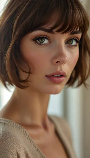 ziprealism, (romantic snapshot esthetic, enchanting woman, bashful eye contact, soft shy smile, bashful pose), (f/2.8, shallow depth of field, layered composition, subtle foreground, tight face closeup, eyes closeup, shot in profile, eyes focus:1.6), (subtle bokeh:.4), (matte brunette hair with coppery undertones, thick voluminous hair, cute french bob-cut hair, wispy bangs with fringe, loose hair obscuring face:1.8), (catchlights, limbal rings, (large expressive eyes)), (soft facial features, full lips, soft pillowy lips, long delicate eyelashes, soft blush, subtle freckles), (romantic bedroom scene, large windows with warm sunlight, cozy furniture and decor), <lora:style_lora_realis:1.2>, but, <lora:BUT_SDXL_SHS:.1>
