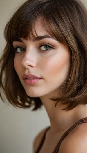 ziprealism, (romantic snapshot esthetic, enchanting French woman, bashful eye contact, soft shy smile, bashful pose), (f/2.8, shallow depth of field, layered composition, subtle foreground, tight face closeup, eyes closeup, shot in profile, eyes focus:1.6), (subtle bokeh:.4), (rich brunette hair with coppery undertones, thick voluminous hair, cute french bob-cut hair, wispy bangs with fringe, loose hair obscuring face:1.8), ((large expressive eyes), slightly downturned eyes), (soft facial features, full lips, soft pillowy lips, long delicate eyelashes, soft blush, subtle freckles, natural skin texture), (romantic bedroom scene, large windows with warm sunlight, cozy furniture and decor), <lora:style_lora_realis:1.6>
