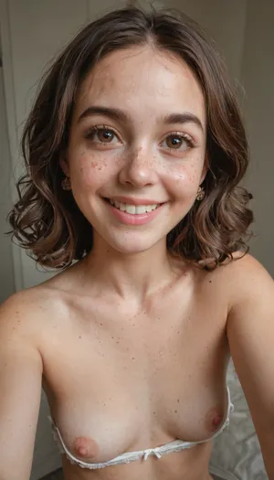 22 years old Mexican-american woman, taking a selfie, wearing floral brassiere, white and pale skin, slim nose, brown hair, small sagging breasts, robust body, embarrassed smile, round face, wearing underwear, minimalist white luxury hotel, freckles, brown eyes, molar on cheek, 3/4 body view, rhinoplasty, hyper realistic photo, full hd, 8K