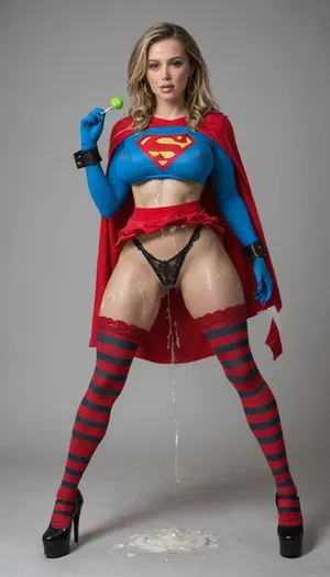 misty from, bimbo milf, milf, helen parr, supergirl, 48in, 48 years old, foggy style, legs spread, horny, long hair, blond hair, high pigtails, (no bra, puffy nipples, erect nipples, large nipples), Supergirl uniform inspired by like opera, petticoat skirt, (skirt lifted by the wind, string black lace panties in pussy gap shown), (wearing, red skirt, red and golden striped frilly thigh highs stockings, red very long superhero cape, blue top with blue glove sleeves, leather cuffs), frilly stockings, red high plataform shoe, plataform shoe, wet shiny skin, (massive pussy piercing:1.2), perfect skin, looking at viewer, red garter belt, hitch frilly striped stockings, backpack, underboob, ruffled trin, hoop earrings, bows in hair, tartan pattern, holding a lollipop, super massive geyser internal cumshot, super massive green glowing cum puddle, lots of green glowing cum, green glowing cum on breasts, extreme cum play, cum on thigh, green glowing cum on hair, cum on face, cum dump, excessive cum, huge creampie, green glowing cum, (cum covered:2), full body view