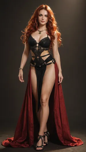 Full-body portrait of a graceful and charming half-elf bard, mid-30s, from Dungeons & Dragons, with flowing wavy crimson-red hair, vivid emerald-green eyes, and a confident, playful smile. She wears a fitted, flamboyant adventurer’s outfit with intricate embroidery, leather accents, and a swirling cloak that catches the wind. Two beautifully curved scimitars hang at her hips, their polished blades gleaming in warm golden light. Her stance is poised, blending the elegance of a dancer with the precision of a duelist. Fantasy setting, dramatic cinematic lighting, rich colors, ultra-detailed, high fantasy art style, by Magali Villeneuve and Dan Dos Santos, 8k resolution, hyper-realistic, masterpiece.