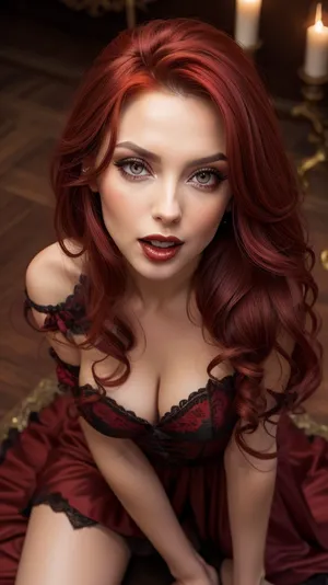 Realistic Beautiful romanian woman, on knees looking up at viewer, view from above, extremely long sharp vampire fangs, vampire, wearing whore vampire queen dress, bright red autumn red hair, lots of hair, sexy vampire eyes, seductive look, on knees facing viewer, looking up at viewer, mouth opèn showing sexy very long vampire fangs, orgasm face, perfect face, perfect mouth, beautiful, stunning, elegant, slutty.