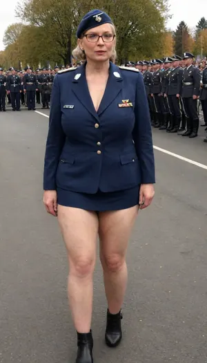 no skirt, no panties on a CURVY 51-year-old European woman, grandma with hidden shaggy tits and shaggy belly under buttoned DARK BLUE Military parade suit. Shaved pussy is visible. Light grey blond hair, ((wrinkles:1.5)), . Dark lipstick on thin lips, BLACK makeup, glasses. Slut face. She is dressed only with, ((buttoned DARK BLUE Military parade suit:1.5)), buttoned up on the tits, officer's peaked cap., ((NO skirt:1.5)), NO PANTIES. long boots, belt, ((shaved pussy visible:1.5)), full figure visible, outdoor, prisoners of war, realistic image, ultra HD, 8k, ((daylight)), HD, true colors, detailed portrait. No blur, ultra HD photorealistic full height 8k, megachubsdxl, morbidly, obese, <lora:megachubsdxl_13:.8>, sagging, breasts, <lora:sagging-000015:.8>, <lora:milkers_v2:.8>, <lora:uniform:.8>