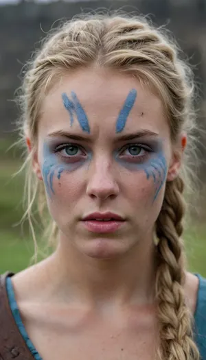 18 years old Irish girl, cinematic, photography, viking warrior with green eyes, (woad face-paint:1.2), dark background, immersive, dynamic and action-packed, muted, outdoors, ancient castle, blonde hair, battlefield, storm, lightning, thunder, rain, mud, wounds, scars, dirt, grime, deep cleavage, HD, skin pores, full lips, extreme mouth detail, realistic freckles, detailed skin, realistic skin, High Res, 4k, masterpiece, Ultra realistic, natural skin tone, high definition, high quality, close-up, bust, portrait, waist-up