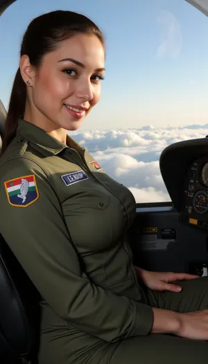 A stunning Palestinian pilot with voluminous, dark hair tied back in a sleek ponytail, emphasizing her elegance and professionalism. Her almond-shaped eyes are framed by thick, black lashes and a hint of eyeliner, which enhance her natural beauty without overpowering it. She is dressed in a form-fitting, military-green flight suit that accentuates her ample bust and curvy figure, while simultaneously maintaining a practical and aerodynamic silhouette. The suit is adorned with various insignia, patches, and a name tag that reads "Lt. Nour, " indicating her rank and identity. The cockpit is a blend of high-tech gadgets and modern design, with a clear blue sky serving as the backdrop outside the panoramic windows. The sky is filled with fluffy, white clouds, suggesting a serene and peaceful flying environment. The pilot's confidence is palpable as she sits with poise in the command seat, her hands resting gently on the control yoke. Her lips are slightly parted, revealing a perfect smile, as she looks directly at the camera with an alluring gaze that exudes both authority and sexiness. The gleaming instrument panels reflect the soft light that streams in from the sun, which is setting just behind her, casting a warm, golden glow across her skin and the cockpit. The overall atmosphere is one of empowerment and beauty, as Lt. Nour, high in the sky, represents not only her country but also the strength and capabilities of Palestinian women in non-traditional roles.
