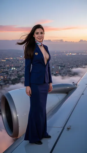 A stunningly beautiful Palestinian air hostess, her raven hair fluttering gracefully in the wind, standing confidently on the wing of a sleek, royal blue aircraft adorned with gleaming gold accents and the proud emblem of her country's national airline. Her uniform is a harmonious blend of traditional and contemporary fashion, with a form-fitting scarf elegantly draped around her neck, complementing her sharply tailored blazer that accentuates her busty figure. The sky is an infinite canvas of vibrant hues, transitioning from the deep blues of the horizon to the soft pinks and oranges of an imminent sunset, casting a warm glow on her olive complexion and highlighting the determination in her almond-shaped eyes. Below her, the cityscape unfolds like a majestic tapestry of concrete, steel, and life, with the setting sun's rays reflecting off the buildings and creating a breathtaking, glittering mosaic. The air around her is a crisp blend of excitement and tranquility, captured in the swirling clouds that seem to part ways for the aircraft. Her smile is as warm as the Middle Eastern sun, symbolizing hospitality and welcoming the passengers to a journey filled with cultural richness and beauty, all while embodying the resilience and spirit of the Palestinian people. The scene is a surreal blend of elegance and adventure, set at an altitude where dreams and reality converge, and the only sound is the silent whisper of the aircraft slicing through the vast sky, carrying with it the hopes and aspirations of those who dare to soar.