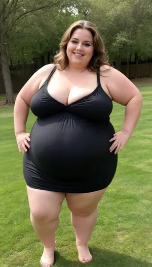 45° side view, Full body shot, Sunny summer day, bright sunny day, (obese:1.3), The fat ssbbw mature milf 60 is dancing on the lawn, backyard lawn, stark naked body, chubby milf, braless, hard nipples, tight, black transparent sleeveless black maxidress, medium very saggy tits, plump waist, plump pubis, light brunette hair with highlights, bobcut hair, big eyes, happy smile, nip slip, (high quality:2)