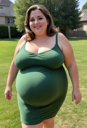 45° sideview, Full body shot, Sunny summer day, bright sunny day, (obese:1.3), The fat ssbbw mature milf 60 is walking on the lawn, green lawn, stark naked body, chubby milf, braless, hard nipples, black tight transparent sleeveless black sundress, medium very saggy tits, plump waist, plump pubis, light brunette hair with highlights, bobcut hair, big eyes, happy smile, nip slip, (high quality:2)