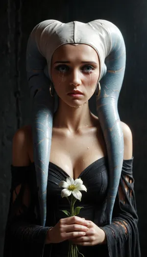 (crying:1.4), Melancholy curvaceous, (Twi'Lek girl), (holding a withering bioluminescent flower:1.4), she's sad, painted in vivid 80s fantasy pulp paperback style, with neon starlight and dramatic space backdrops., 80s, vintage, pulp, sci-fi, cinematic, expression, grimoire_noir, hera, syndulla, 1980s, Fantasy, Style, vivid, color, sad, sorrowful, looking, tears, Curvy, body, <lora:grimoire_noir:1.4>, <lora:Hera_Syndulla_XL:.8>, <lora:1980s_Fantasy_Style_SDXL:1.3>, <lora:polyhedron_tears-000003:.8>, <lora:b8174d41-8ba7-4318-bc14-53ee7e353d91.TA_trained:.8>