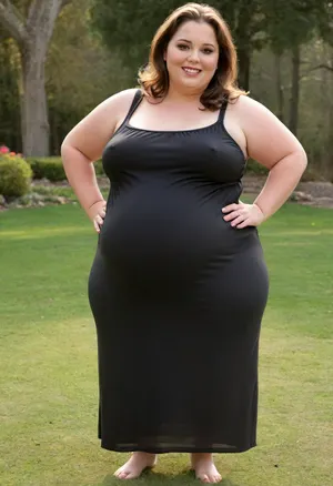 45° side view, Full body shot, Sunny summer day, bright sunny day, (obese:1.3), The fat ssbbw mature milf 60 is dancing on the lawn, backyard lawn, stark naked body, chubby milf, hard nipples, tight, black transparent sleeveless black maxidress, medium very saggy tits, plump waist, plump pubis, light brunette hair with highlights, bobcut hair, big eyes, happy smile, nip slip, (high quality:2), braless, Wearing, clothes, that, make, sense, with, Braless>, <lora:bralessSDXL_v1_00022:.8>, bottomheavy, big, ass, huge, gigantic, thick, thighs, massive, <lora:bottomheavy_v1_sdxl_tags:.8>