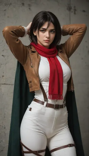 (Character), Mikasa Ackerman from Attack on Titan, (Costume), wearing her Survey Corps uniform, including a dark green cloak, brown leather jacket, white pants, and red scarf, (Physique), detail face, She has her black hair tied back, large bust, curvy physique, (Accessories), holding dual Omni-Directional Mobility Gear blades, (Background), simple plain wall, (Expression), standing straight in a sexy way, hands over her head, (view), front straight view, (Image quality), 8k resolution, high definition, ultra high clarity.