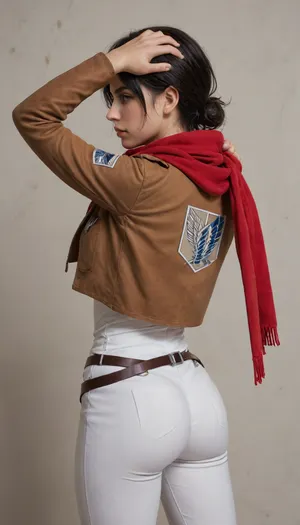 (Character), Mikasa Ackerman from Attack on Titan, (Costume), wearing her Survey Corps uniform, including a dark green cloak, brown leather jacket, white pants, and red scarf, (Physique), detail face, She has her black hair tied back, large bust, curvy physique, (Accessories), holding dual Omni-Directional Mobility Gear blades, (Background), simple plain wall, (Expression), standing straight in a sexy way, hands over her head, (view), turning back, back-straight view, butt view, (Image quality), 8k resolution, high definition, ultra high clarity.