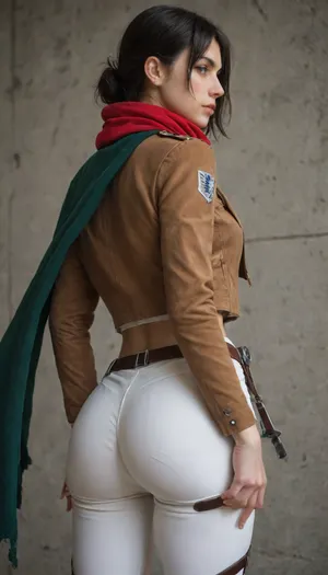 (Character), Mikasa Ackerman from Attack on Titan, (Costume), wearing her Survey Corps uniform, including a dark green cloak, brown leather jacket, white pants, and red scarf, (Physique), detail face, She has her black hair tied back, large bust, curvy physique, (Accessories), holding dual Omni-Directional Mobility Gear blades, (Background), simple plain wall, (Expression), standing straight in a sexy way, hands groping her ass, (view), turning back, looking at the viewer, back straight view, butt view, (Image quality), 8k resolution, high definition, ultra high clarity.
