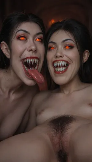 two 38 year old nude MILF vampire women's, (Asian:2), medieval, (glowing red eyes:1.4), black eyeshadow, mean face, closed mouth, one with black hair with rainbow hair, long straight hair, red lipstick, vampire, (vampire teeth:1.9), in a dark graveyard, bound in chains, pale skin, pale, skin, Subspecies, style, Perfect, (long Fangs:1.5), fangs, sharp, teeth, fang, black, sclera, eyes, (licking hairy pussy:1.9), <lora:Pale_Skin_SDXL_v1.0:.8>, <lora:Subspecies style:.8>, <lora:Unfazed vampire - XL SDXL V1.0:.8>, <lora:black sclera:.8>