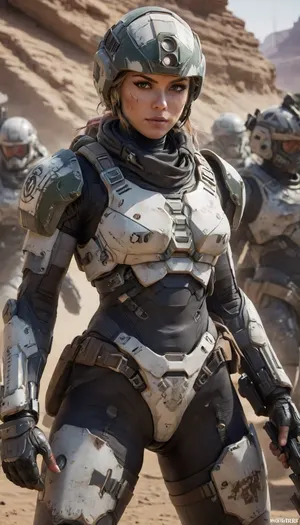 37 year old and Infantry Fighting Vehicle, skin tanned, athletic body, lots of freckles on her face and skin, very hard blush and nose, small breasts, a sexy muscular, beautiful, tanned, with a perfect face, detailed face, (detailed hair, light hairstyle:1.1), (shiny body, realistic sweat:1.1), muscular, athletic, clean and textured skin, perfect body, goosebumps, detailed, slim, thin waist, futuristic uniform Troopers, mask, combat harnesses, combat belt, bare thigh, leg guard, elbow guard, gauntlet, gray hoodies, armor, shorts, crop top, helm, hood, neotech, glowing, scifi, white, black winter heavy armor, incredibly detailed photo sunbeam, sunrise, hard, ((blushing)), lots of details, three-dimensional, epic, sharp focus, toned, full view, 70mm lens, aesthetic, symmetrical ., woman, tanktop, camouflage white, heavy armor, death mark pants, full face helmet, short, hair, equipment, Cyber Rifle, ((Infantry Fighting Vehiclea)), tribal tattoo, Tatooine, Nanosuits, style, <lora:Mecha_Ggorgeous_Armor-000011:2>, <lora:lasgunXLLoRAv1:2>, <lora:Tatooine:2>, <lora:bionic armor style:2>