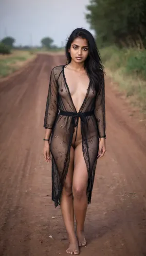 Cute Young indian girl, wearing black fish net robe, in a dark dirt road, medium ass, small tis, raw, lighting, overexposed, harsh, flash, <lora:Rawfully Stylish v0.2_epoch_20:.7>, <lora:SDXLHighDetail_v6-000005:1.2>, woman, <lora:finenude_v0_2a:.8>