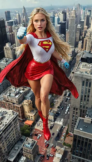 masterpiece, best quality, 1girl, gorgeous busty supergirl, blonde hair, long hair, hairband, blue eyes, gloves, red cape, blue skirt, white shirt, blue sky, flying, city below, but, braless, Wearing, clothes, that, make, sense, with, Braless>, <lora:MJ52:2>, <lora:add-detail-xl:2>, <lora:BUT_SDXL_SHS:.3>, <lora:bralessSDXL_v1_00022:.8>