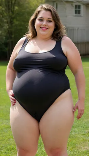 45° side view, Full body shot, Sunny summer day, bright sunny day, (obese:1.3), The fat ssbbw mature milf 60 is walking on the lawn, backyard lawn, stark naked body, chubby milf, hard nipples, tight, black transparent sleeveless black bodysuit, medium very saggy tits, plump waist, plump pubis, light brunette hair with highlights, bobcut hair, big eyes, happy smile, nip slip, (high quality:2), braless, Wearing, clothes, that, make, sense, with, Braless>, <lora:bralessSDXL_v1_00022:.8>, bottomheavy, big, ass, huge, gigantic, thick, thighs, massive, <lora:bottomheavy_v1_sdxl_tags:.8>