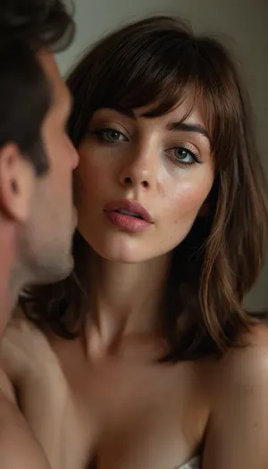 ziprealism, (erotic intimate esthetic, anticipation, longing:1.2), (sensual French woman, bliss, lips parted, moment before the kiss, intense passion, seductive foreplay, hot breath:1.4), (f/2.8, shallow depth of field, layered composition with subtle foreground, o, (ver the shoulder shot), , :1.6), (tight face closeup, eyes closeup, shot in profile, eyes focus:1.2), (subtle bokeh:.4), (rich brunette hair with coppery undertones, thick voluminous hair, cute french bob-cut hair, wispy bangs with fringe, loose hair obscuring face:1.4), ((large expressive eyes), slightly downturned eyes), (soft facial features, full lips, soft pillowed lips, long delicate eyelashes, soft blush, flushed skin, subtle freckles, natural skin texture), (large teardrop breasts, soft breasts), (romantic bedroom:1.8), <lora:style_lora_realis:1.6>