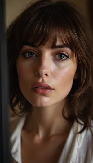 ziprealism, (erotic intimate esthetic, anticipation, longing:1.2), (sensual French woman, bliss, lips parted, intense passion, seductive foreplay, hot breath:1.4), (f/2.8, shallow depth of field, layered composition with subtle foreground, doorway in foreground:1.6), (tight face closeup, eyes closeup, shot in profile, eyes focus:1.2), (subtle bokeh:.4), (rich brunette hair with coppery undertones, thick voluminous hair, cute french bob-cut hair, wispy bangs with fringe, loose hair obscuring face:1.4), ((large expressive eyes), slightly downturned eyes), (soft facial features, full lips, soft pillowed lips, long delicate eyelashes, soft blush, flushed skin, subtle freckles, natural skin texture), (large teardrop breasts, soft breasts), (romantic bedroom:1.8), <lora:style_lora_realis:1.6>