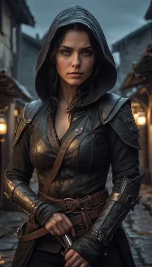 Female elf rogue, lean and dangerous, olive-toned skin with faint scars, messy shoulder-length black hair tucked under a dark hood, sharp amber eyes glinting with mischief, wearing worn and patched dark leather armor with hidden dagger sheaths, a short curved sword at her hip, crouched in a rain-slick alley lit by flickering lanterns, one hand resting on a coin purse she just cut free, background of crooked rooftops and shadowy figures, gritty and ultra-realistic fantasy art