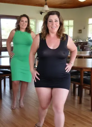 Sunny summer day, bright sunny day, The chubby milf 60 is dancing, stark naked body, chubby milf, transparent sleeveless black dress, medium very saggy tits, no panties, plump hairy pubis, brown hair with highlights, long hair, green eyes, happy smile, nip slip, (high quality:2), ((two fully dressed women at table in background)), SaggySlimXL, bottomheavy, big, ass, huge, gigantic, thick, thighs, massive, braless, Wearing, clothes, that, make, sense, with, Braless>, <lora:updated_saggy_slim:.5>, <lora:clothed_small:.5>, <lora:bottomheavy_v1_sdxl_tags:.8>, <lora:bralessSDXL_v1_00022:.8>