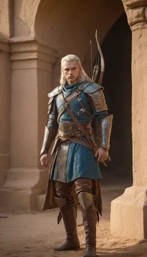 male high elf rogue-fighter, tall and lean with sharp, angular features and piercing ice-blue eyes, long sun-bleached hair tied back, weathered skin from years under the desert sun, wearing lightweight leather armor in sand and ochre tones, a finely crafted longbow in hand with a quiver of black-fletched arrows, a curved dagger strapped to his thigh, standing in the shadows of a sandstone archway overlooking a crowded Kathiri market, the hot wind carrying the scent of spice and dust, golden evening light spilling over domes and minarets, ultra-realistic fantasy art