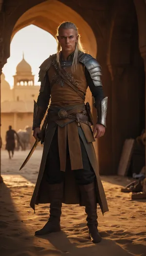 male high elf rogue-fighter, tall and lean with sharp, angular features and piercing ice-blue eyes, long sun-bleached hair tied back, weathered skin from years under the desert sun, wearing lightweight leather armor in sand and ochre tones, a finely crafted longbow in hand with a quiver of black-fletched arrows, a curved dagger strapped to his thigh, standing in the shadows of a sandstone archway overlooking a crowded Kathiri market, the hot wind carrying the scent of spice and dust, golden evening light spilling over domes and minarets, ultra-realistic fantasy art