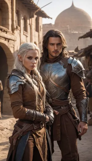 tall and lean male high elf rogue-fighter with sun-bleached hair and piercing ice-blue eyes, and a cunning female elf rogue with sun-kissed skin, copper-streaked dark hair, and sharp amber eyes, both clad in lightweight leather armor in muted desert tones. They move in perfect unspoken coordination through the shadows of a sandstone alley, Elandros with a finely crafted longbow and black-fletched arrows, the rogue with a curved Kathiri dagger in hand. Dust swirls in the hot evening wind as golden light spills across the domes and minarets of the bustling market district behind them, the air thick with spice and tension, ultra-realistic cinematic fantasy art