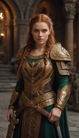 Beautiful dwarf princess warrior, strong and regal, braided auburn hair adorned with golden clasps and gemstones, bright emerald eyes, wearing ornate gold-inlaid plate armor with intricate dwarven runes, a royal crimson cloak flowing behind her, wielding a finely crafted double-headed war axe, standing in the grand stone hall of a mountain keep lit by glowing forges, surrounded by carved pillars and banners, cinematic lighting, ultra-realistic fantasy art